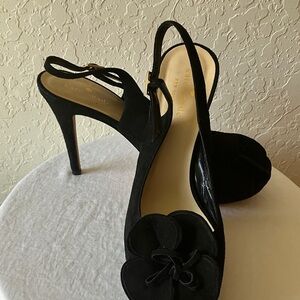 Kate Spade: Black Suede Open Toe Heels- Floral Accent- 7